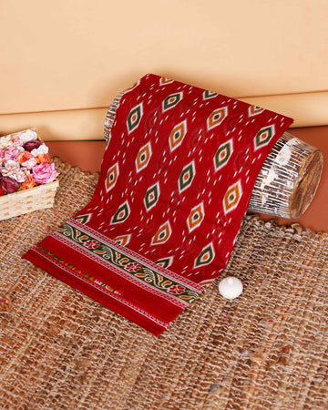Graceful Voile Cotton Ikat Print Saree with Intricate Border Design - Red