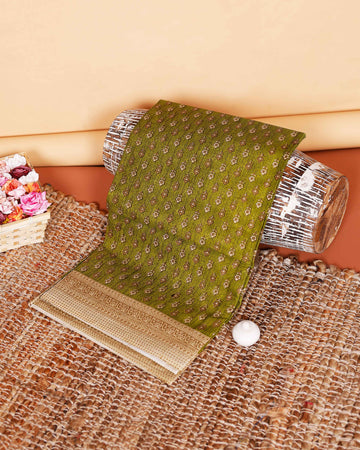 Graceful Voile Cotton Saree with Intricate Floral Motifs and Zari Border - Green