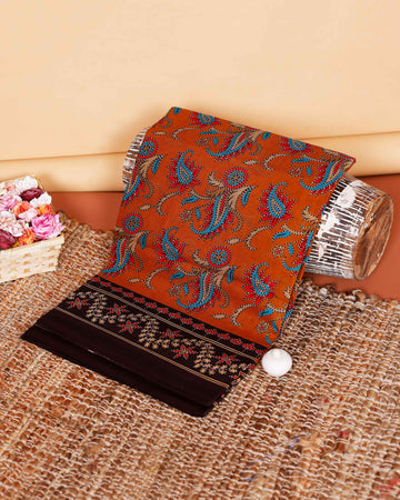 Graceful Voile Cotton Saree with Intricate Paisley and Floral Border Design - Orange