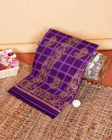 Graceful Voile Cotton Saree with Paisley and Checked Pattern - Purple