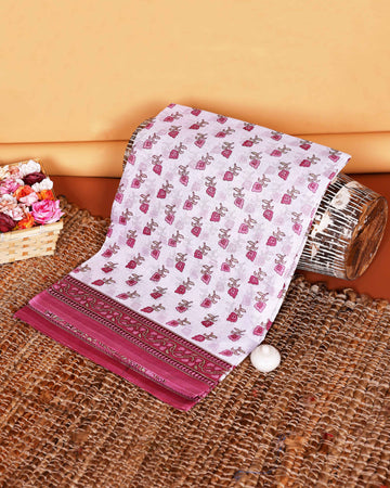 Graceful Hand Block Printed Voile Cotton Fabric with Floral Motifs and Border - White