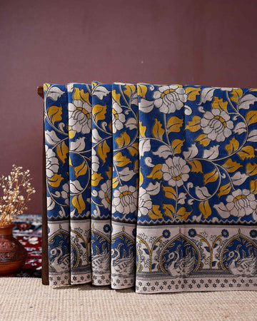 Hand-painted Kalamkari Cotton Saree with Traditional Floral and Peacock Motifs - Blue