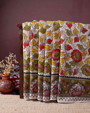 Traditional Kalamkari Cotton Saree with Elaborate Floral and Peacock Motifs - Cream