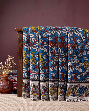 Handloom Kalamkari Cotton Saree with Traditional Motifs and Floral Border and Pallu - Blue
