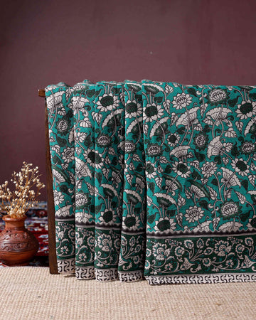 Hand-Painted Kalamkari Cotton Saree with Traditional Floral & Botanical Motifs and Intricate Border Design - Green