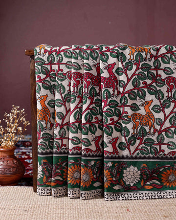 Handloom Kalamkari Cotton Saree with Deer and Tree of Life Motifs and Floral Border - Sandal