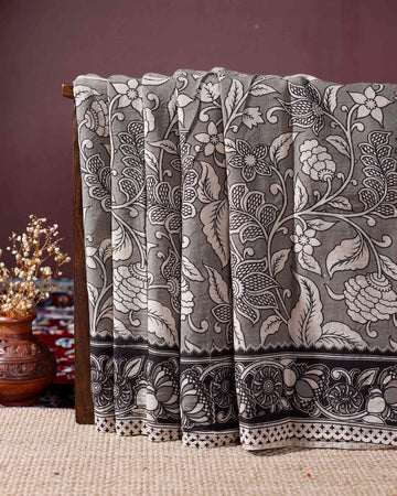 Handcrafted Kalamkari Cotton Saree with Intricate Floral and Traditional Border Motifs - Grey