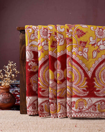 Traditional Hand-Painted Kalamkari Cotton Saree with Intricate Floral and Avian Motifs - Yellow