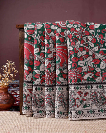 Hand-painted Kalamkari Cotton Saree with Traditional Motifs and Border Designs - Green