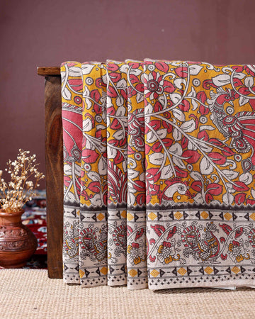 Handloom Kalamkari Cotton Saree with Traditional Motifs and Zari Border - Pink