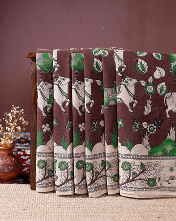 Handloom Kalamkari Saree Leafy Designs with Intricate Borders - Brown