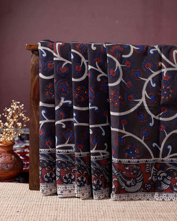 Exquisite Kalamkari Cotton Saree Traditional Floral and Motifs with Intricate Border Design - Brown