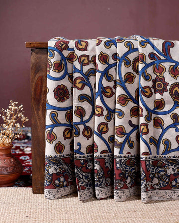 Traditional Handloom Kalamkari Cotton Saree with Intricate Floral Motifs - Cream