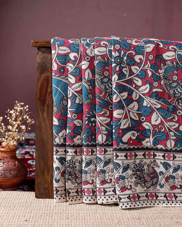 Traditional Kalamkari Cotton Saree with Hand Block Printed Peacock and Floral Motifs - Pink