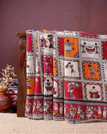 Handloom Traditional Kalamkari Cotton Saree with Mythological and Folk Motifs - Multi