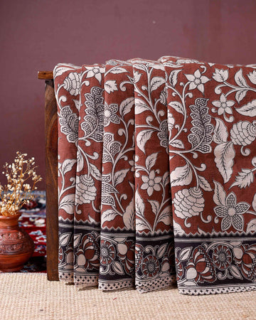 Handloom Kalamkari Cotton Saree with Traditional Floral Motifs -Brown