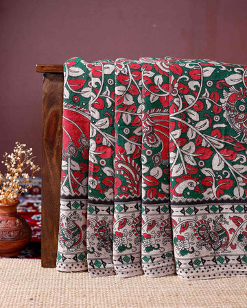Handloom Kalamkari Cotton Saree with Traditional Floral and Peacock Motifs - Red