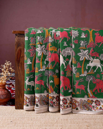 Handcrafted Kalamkari Cotton Saree with Traditional Animal and Nature Motifs - Green