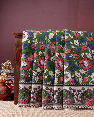 Handcrafted Kalamkari Cotton Saree with Floral Vines and Bird Border Motifs - Green