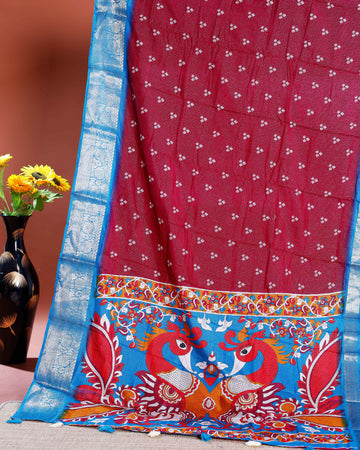 Elegant Dola Silk Saree with Intricate Peacock Border and All-Over Buti Design -Maroon