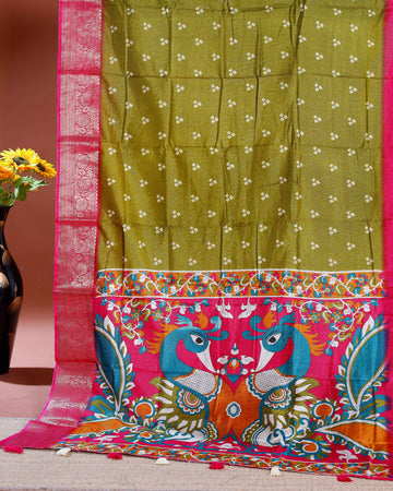Elegant Dola Silk Saree with Traditional Peacock and Floral Motifs Border - Green