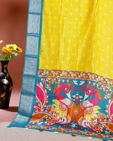 Elegant Dola Silk Saree with Traditional Peacock and Floral Motifs Border - Yellow