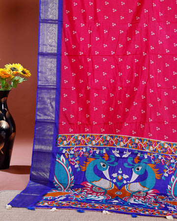 Elegant Dola Silk Saree with Traditional Peacock and Floral Motifs Border - Magenta