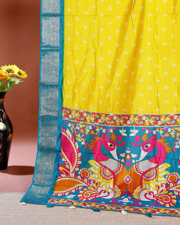 Elegant Dola Silk Saree with Traditional Peacock and Floral Motifs Border - Yellow
