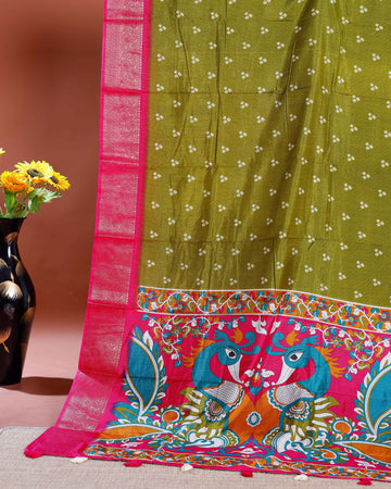 Elegant Dola Silk Saree with Traditional Peacock and Floral Motifs Border - Green