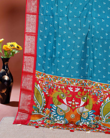 Elegant Dola Silk Saree with Traditional Peacock and Floral Motifs Border -Blue
