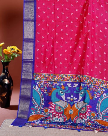 Elegant Dola Silk Saree with Traditional Peacock and Floral Motifs Border - Pink