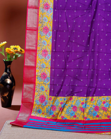 Elegant Dola Silk Saree with Floral Printed Border and Intricate Self-Patterned Body - Purple