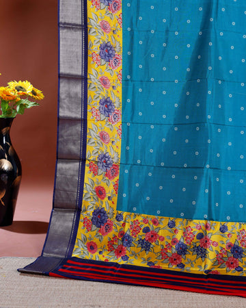 Elegant Dola Silk Saree with Floral Printed Border and Intricate Self-Patterned Body - Teal