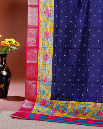 Elegant Dola Silk Saree with Floral Printed Border and Intricate Self-Patterned Body - Blue