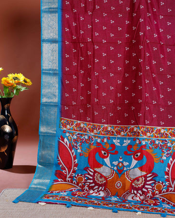 Elegant Dola Silk Saree with Traditional Peacock and Floral Motifs Border - Maroon