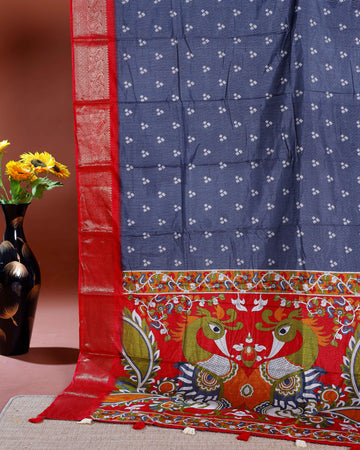 Elegant Dola Silk Saree with Traditional Peacock and Floral Motifs Border - Grey