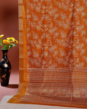 Floral Pattern Dola Silk Saree With Contrast Border - Yellow