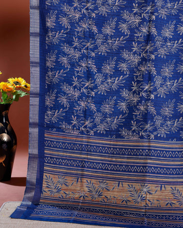 Floral Pattern Dola Silk Saree With Contrast Border - Navy Blue