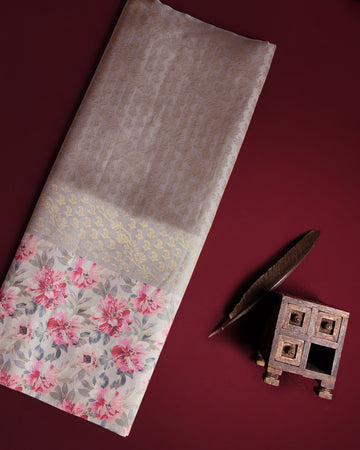 Solid Soft Silk Saree With Floral Printed Blouse - Beige