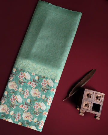 Solid Soft Silk Saree With Floral Printed Blouse - Green