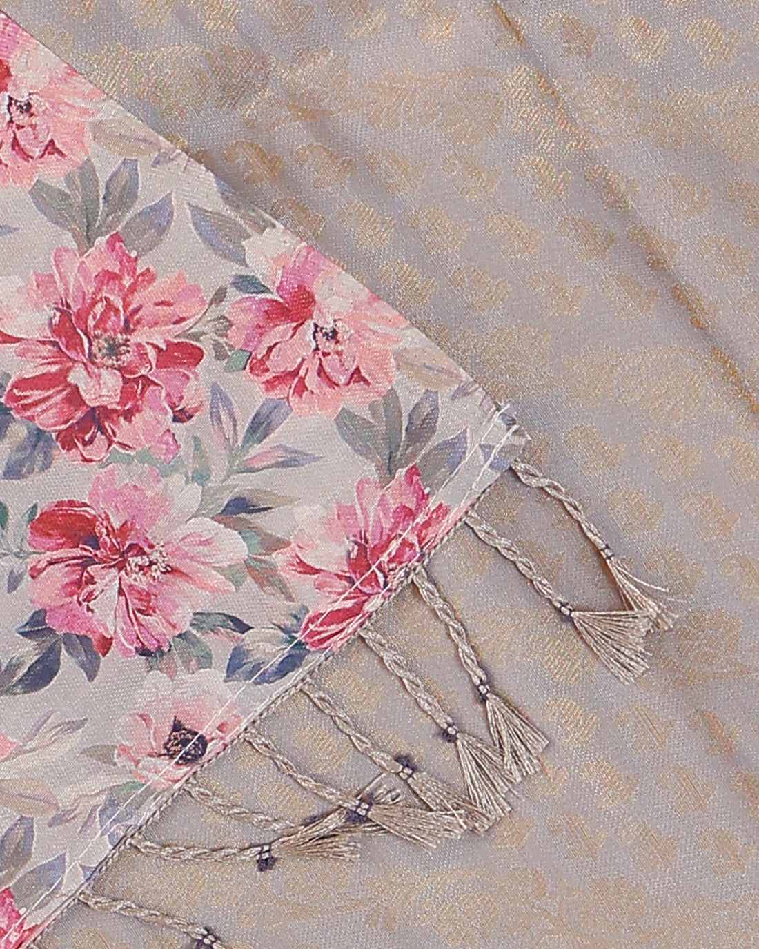 Solid Soft Silk Saree With Floral Printed Blouse - Beige