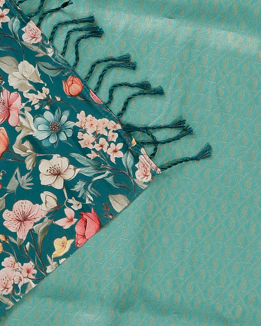 Solid Soft Silk Saree With Floral Printed Blouse - Green