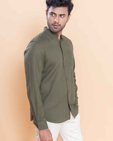 Nativebull Men Solid Full Sleeve Linen Blend Shirt - Olive Green