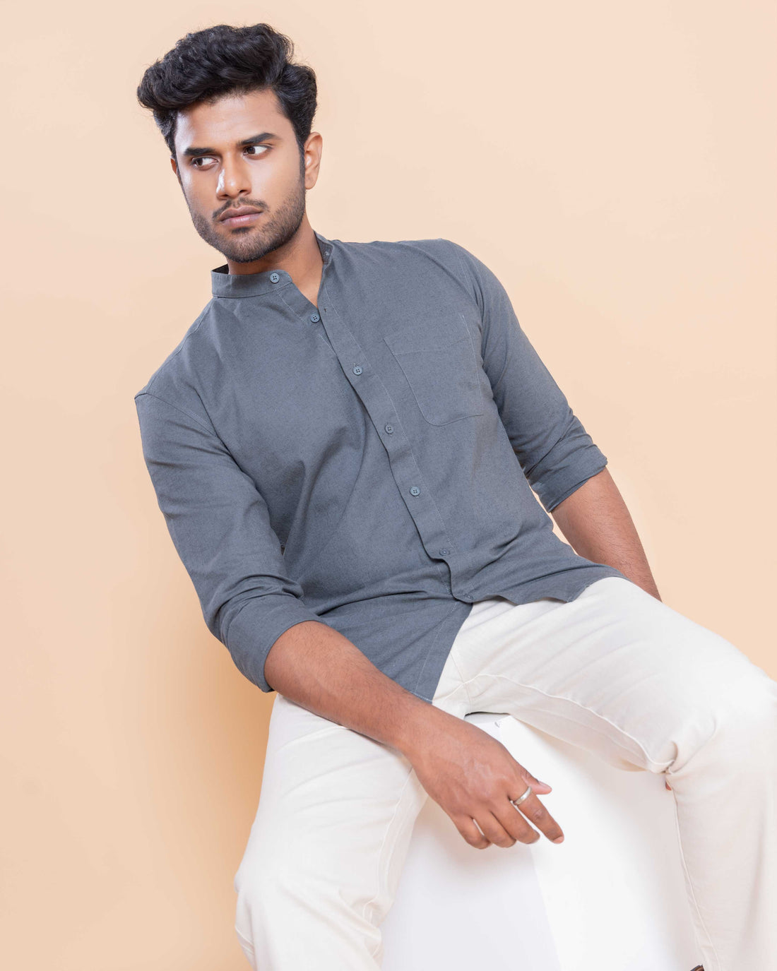 Nativebull Men Solid Full Sleeve Cotton Shirt - Dark Grey