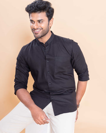 Nativebull Men Solid Full Sleeve Linen Blend Shirt - Black
