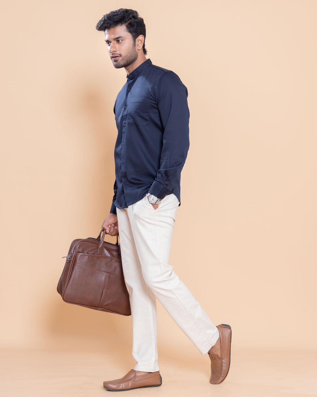 Nativebull Men Solid Full Sleeve Cotton Blend Shirt - Navy Blue