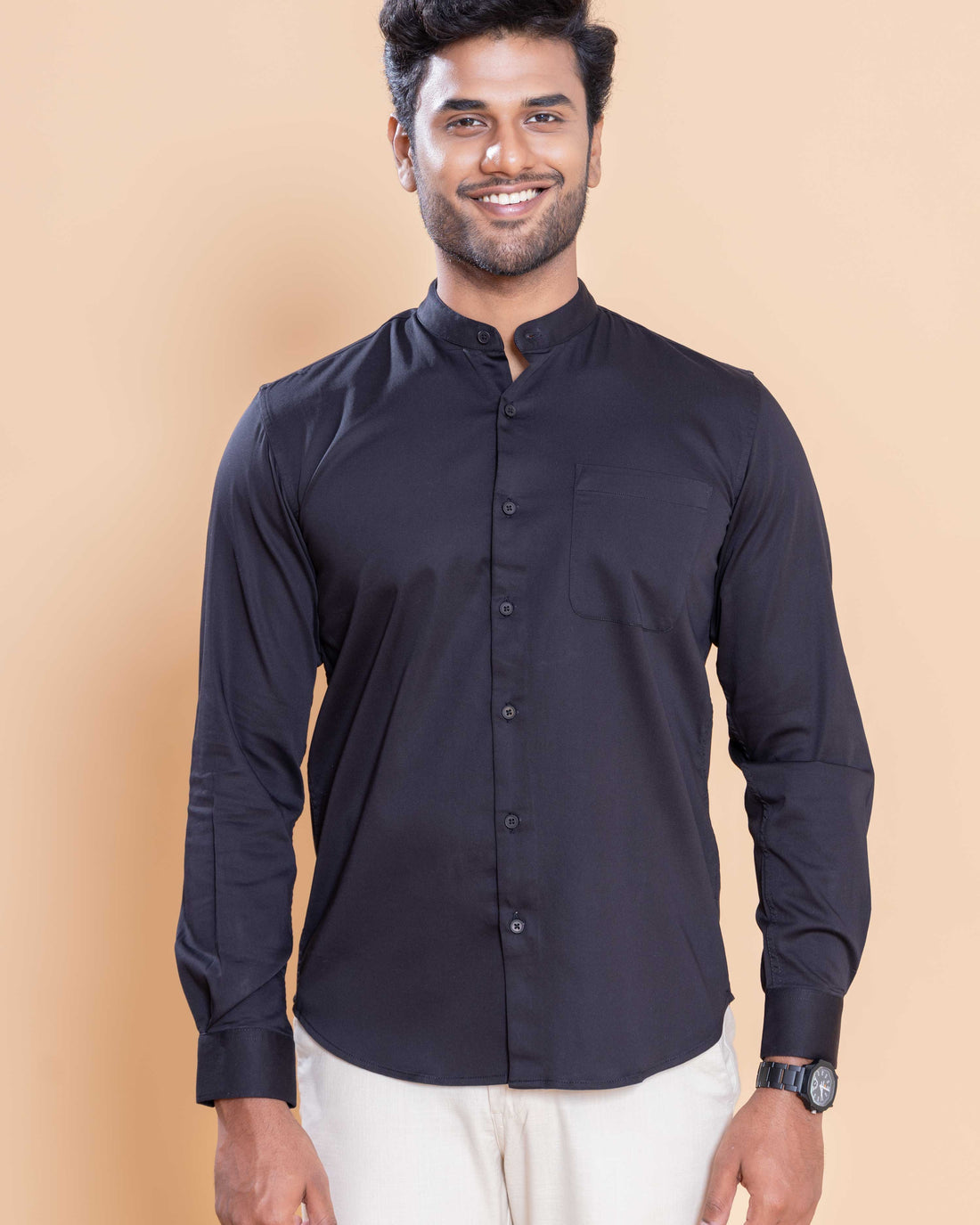 Nativebull Men Solid Full Sleeve Cotton Blend Shirt - Black