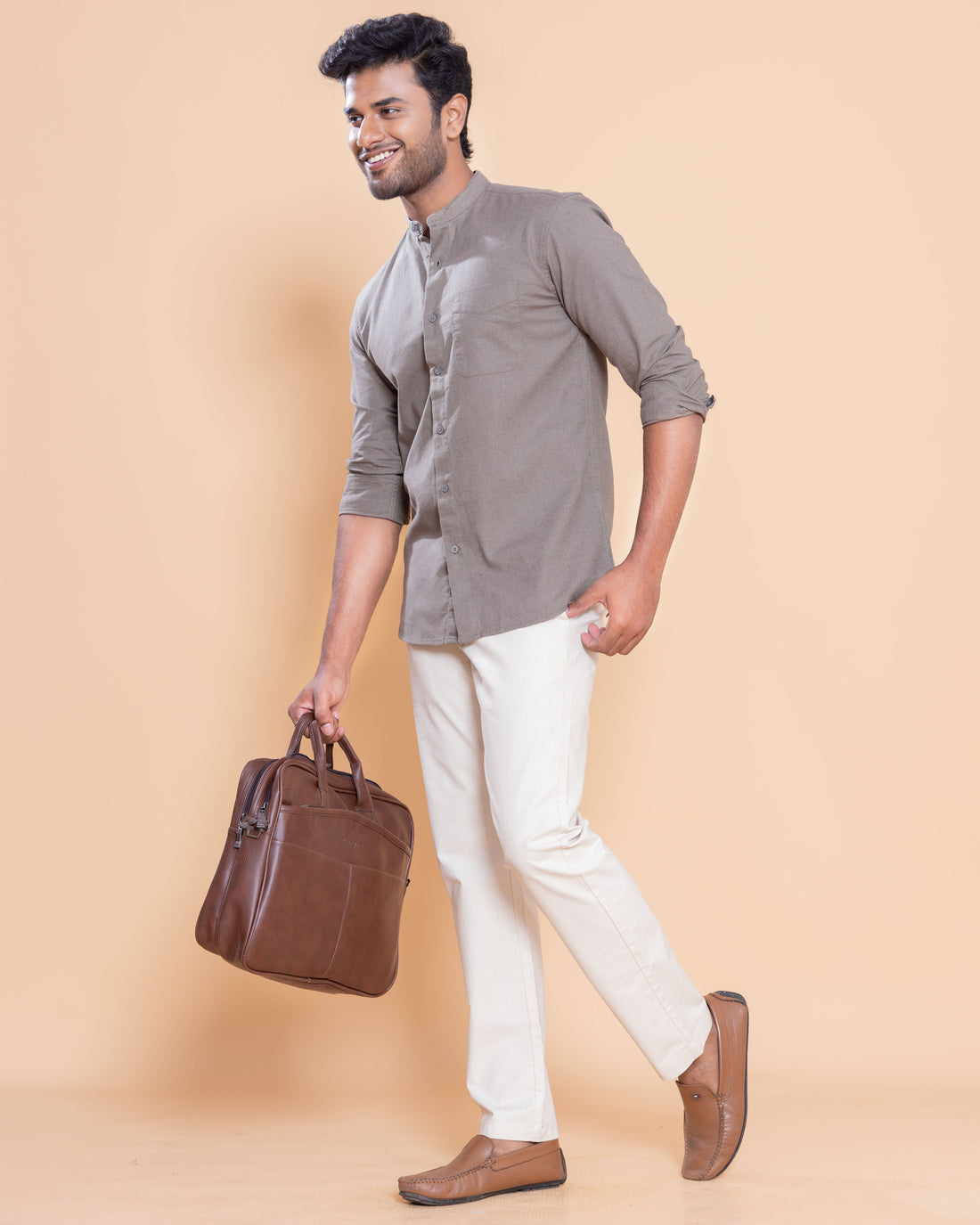 Nativebull Men Solid Full Sleeve Cotton Shirt - Light Brown