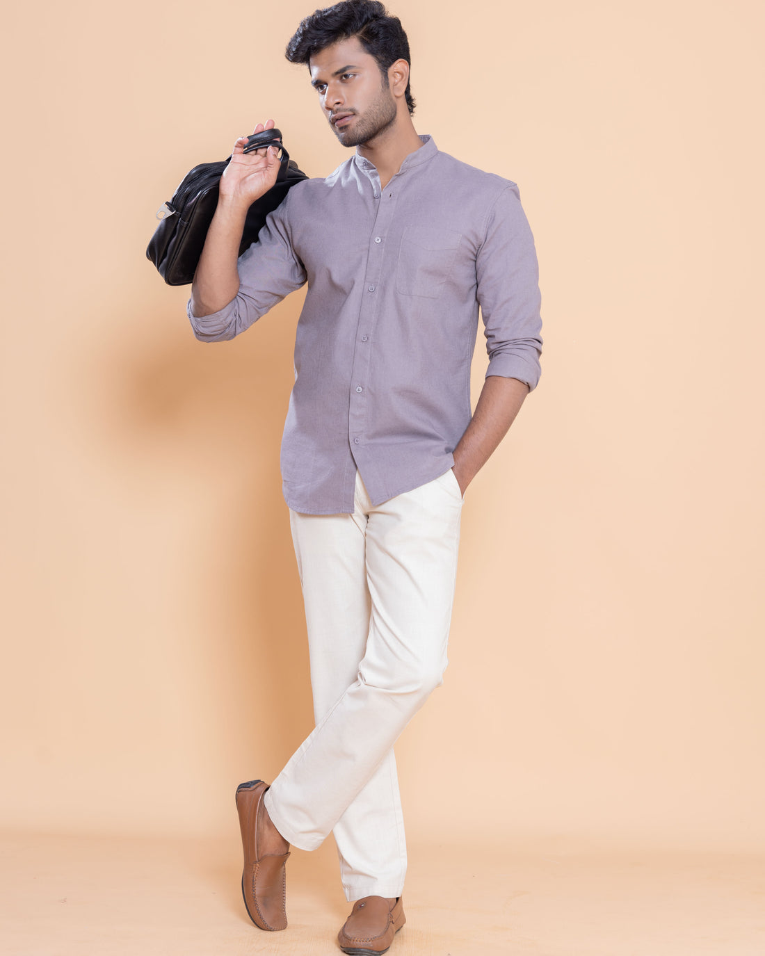 Nativebull Men Solid Full Sleeve Cotton Shirt - Grey