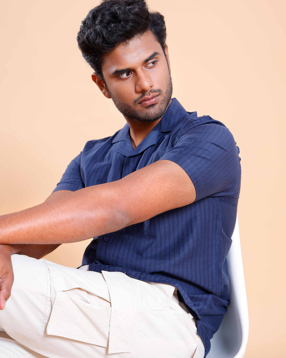 Nativebull Men Textured Half Sleeve Cotton Blend Shirt - Navy Blue